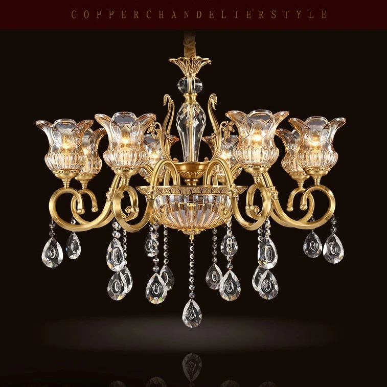 客厅灯欧式吊灯全铜灯具复古美式铜灯餐厅灯酒店灯别墅灯水晶吊灯