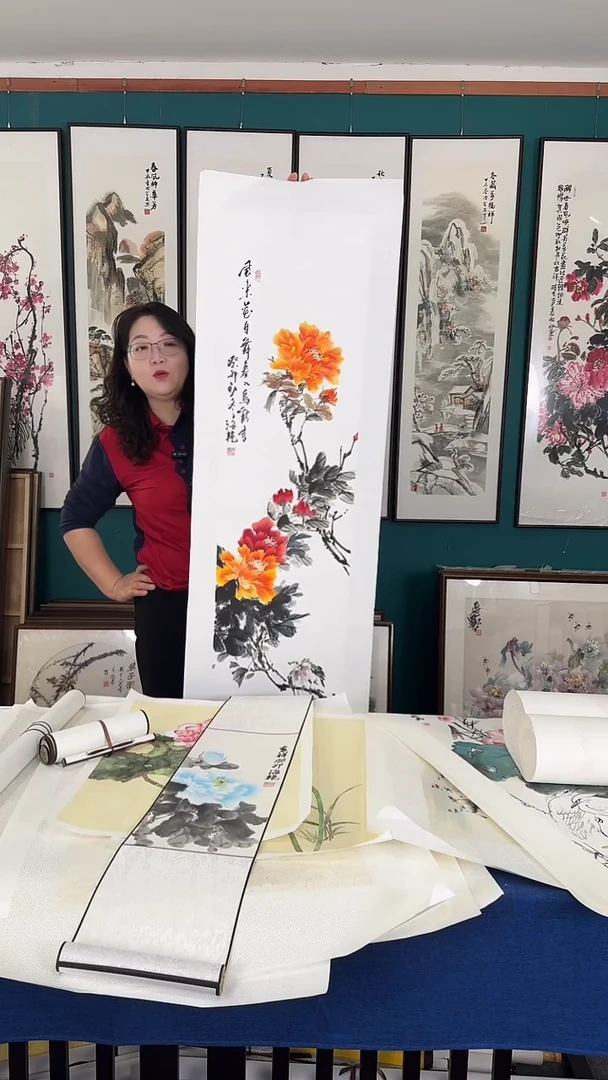 国画35*135牡丹卷轴