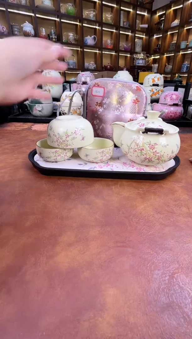 瓷片桃花1壶3杯宝瓶旅行+长方桃花盘