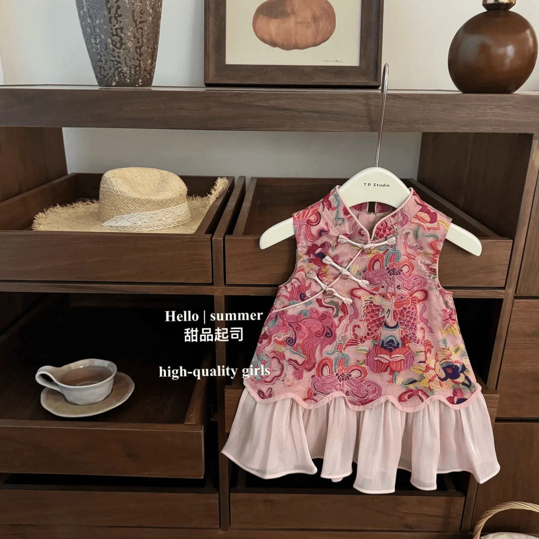女童夏季时髦套装新中式国风连衣裙宝宝拼接背心裙儿童锦鲤旗袍裙