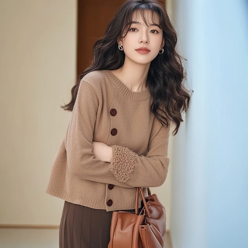 欧货重工小香风棕色斜扣内搭针织衫毛衣女2025新款冬季慵懒高级感