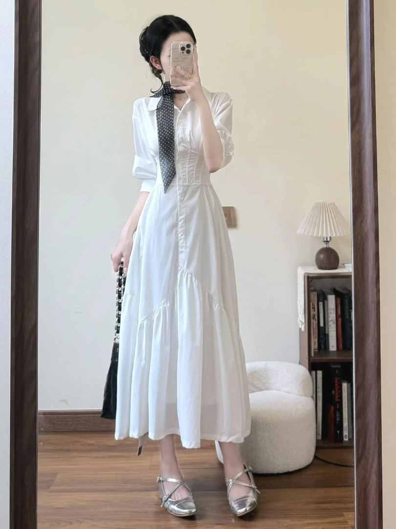 2025夏季新款白色衬衫连衣裙法式时尚复古漂亮收腰显瘦气质长裙子