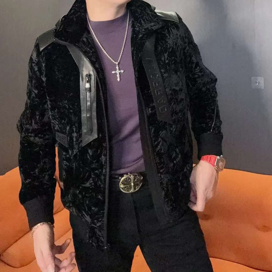 冬季羽绒服男款白鹅绒双拼丝绒山羊皮夹克外套时尚可脱卸帽