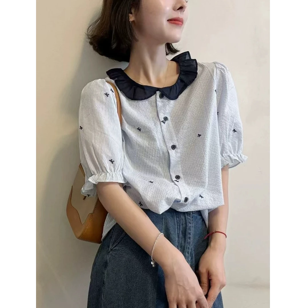 2025夏季新款韩版时尚蝴蝶结印花短袖衬衫女宽松显瘦百搭上衣9602