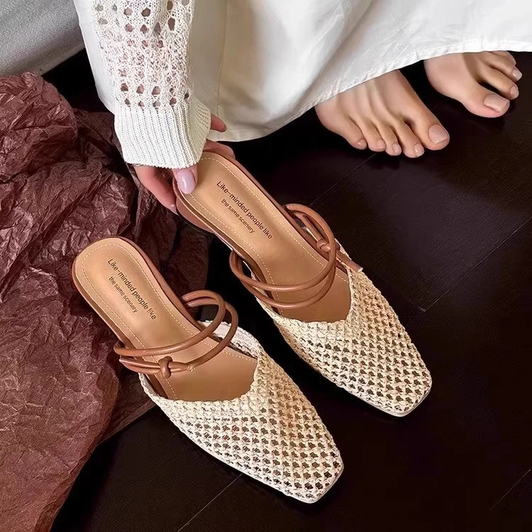 【万达撤柜】包头半拖鞋女夏外穿2025新款两穿法式网面凉鞋粗跟凉拖