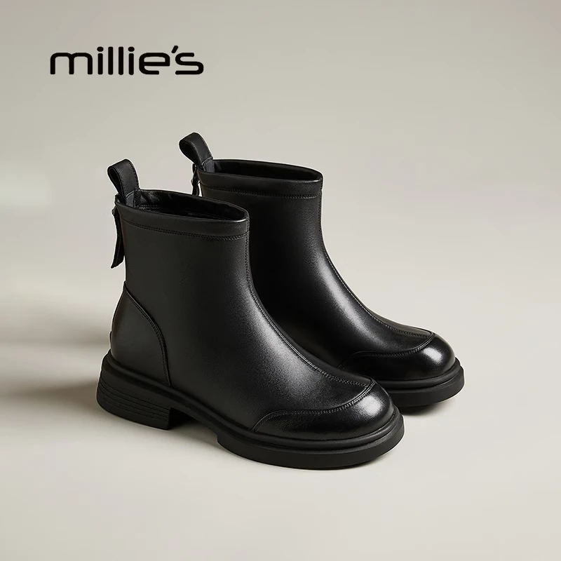 MILLIES/妙丽圆头平底复古车缝线设计轻奢简约时尚时髦时髦小短靴