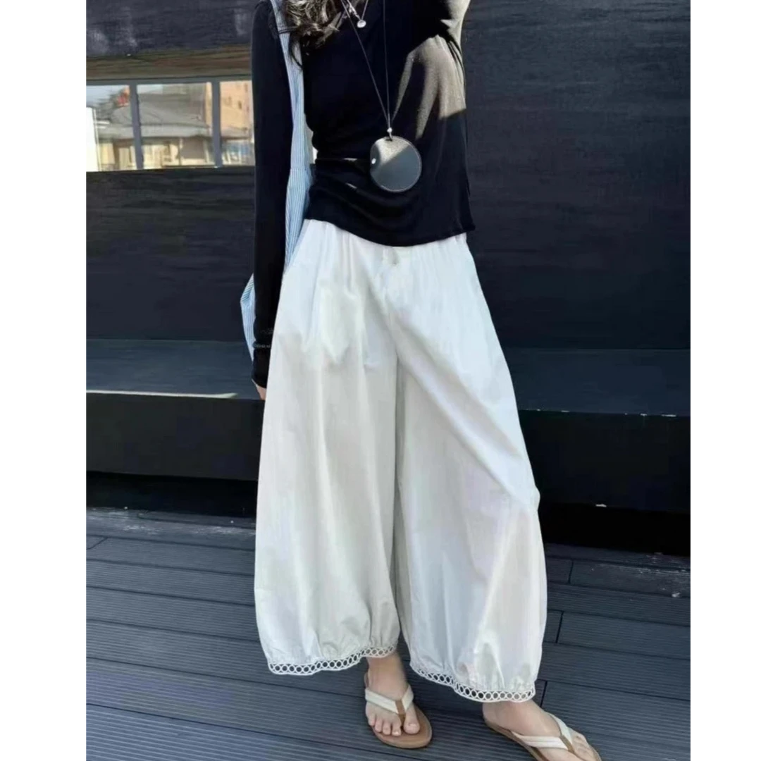 【现货】九分裤薄款休闲裤花边灯笼裤拼接长裤吸汗镂空宽松阔腿裤