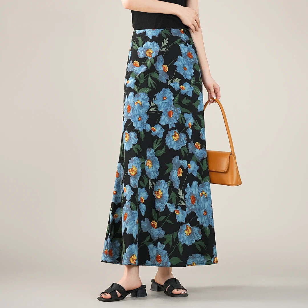 巨好看蓝色印花半身裙女2025夏季新款轻薄雪纺长款碎花包臀鱼尾裙