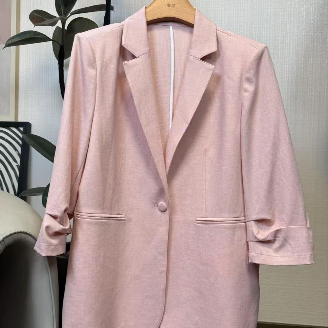 集品时尚七分袖一纽扣垫肩西服