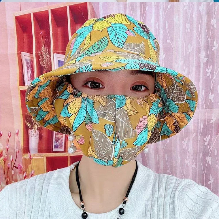 防晒口罩帽子一体 双层可折叠渔夫帽 户外防尘旅行农活遮阳帽子