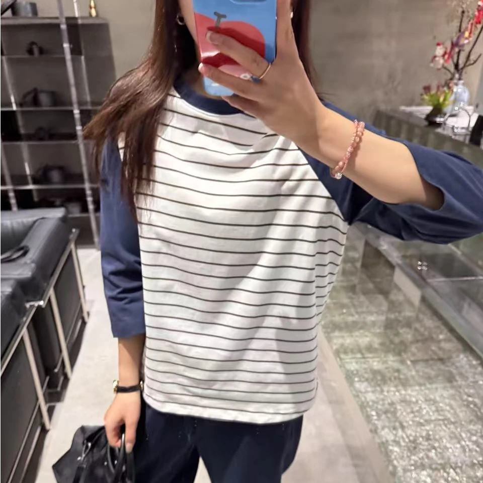 拼色撞色条纹圆领七分袖T恤女 T8376