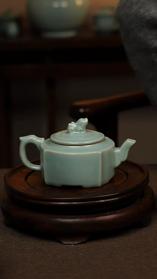 瓷片仿古天青全手工四方壶200ml 微瑕 不带礼盒