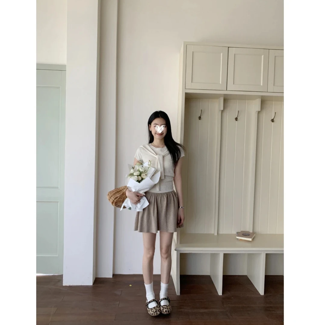 韩系温柔感假两件披肩短袖收腰显瘦针织上衣+半身裙套装女