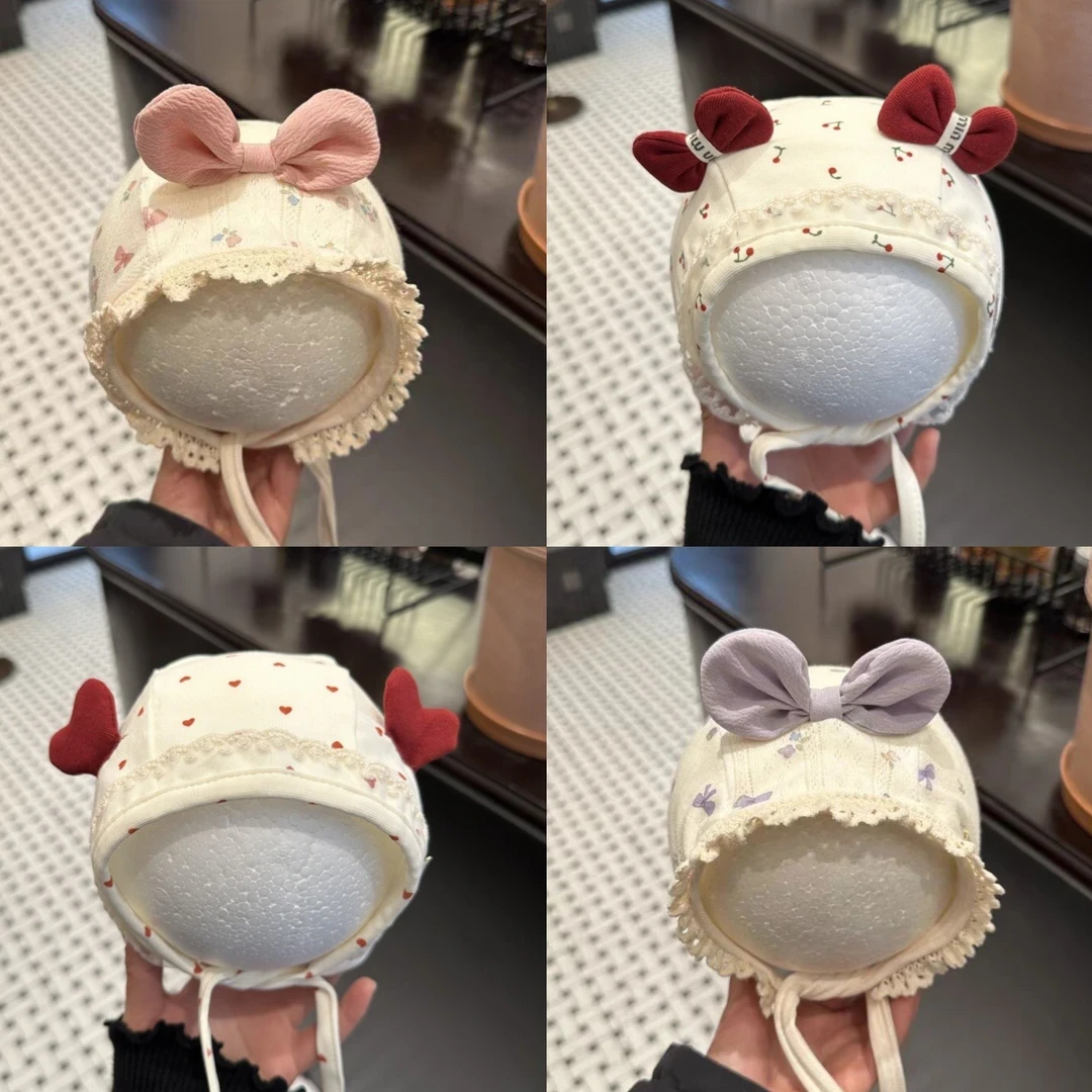 新生儿胎帽春秋可爱公主波点儿童女宝宝护耳帽防风婴儿帽子护囟门