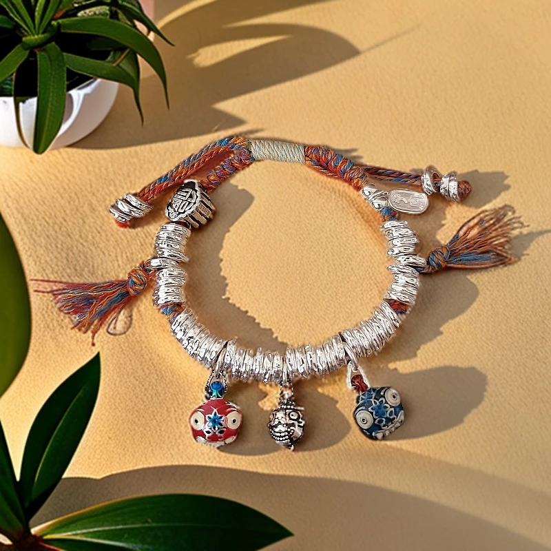 足银布艺手链 一家三口藏式手工编绳吞金兽手绳古法盘缠手链礼物