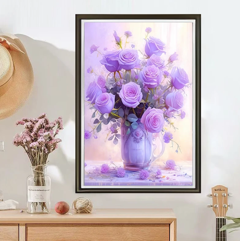 Y19紫玫瑰时尚餐厅客厅轻奢挂画装裱实物鎏金画装饰画