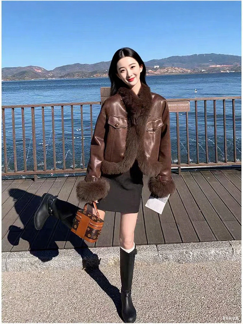 2025海宁皮草常规短款厚款磨砂短狐狸毛外套设计师女士欧若动感风