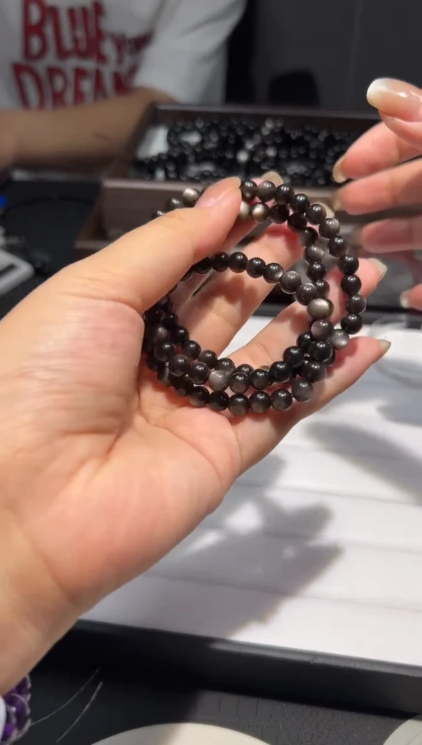 未镶嵌黑曜岩手链天然银曜石6mm三圈手串