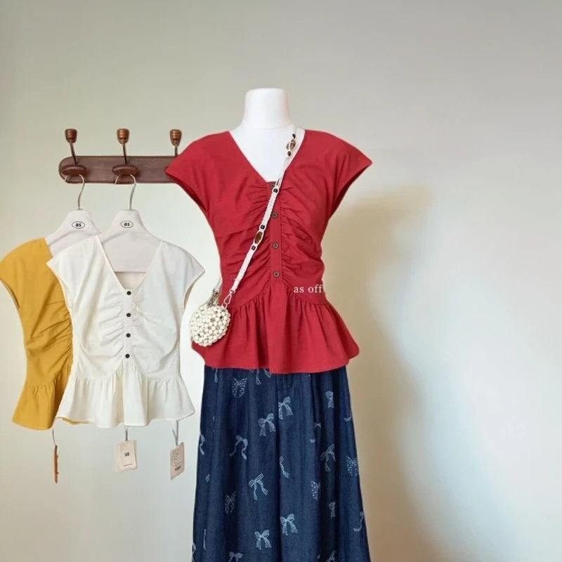 2025新款夏季日韩气质清新V领时尚压褶显瘦百搭吊带上衣夏天外穿