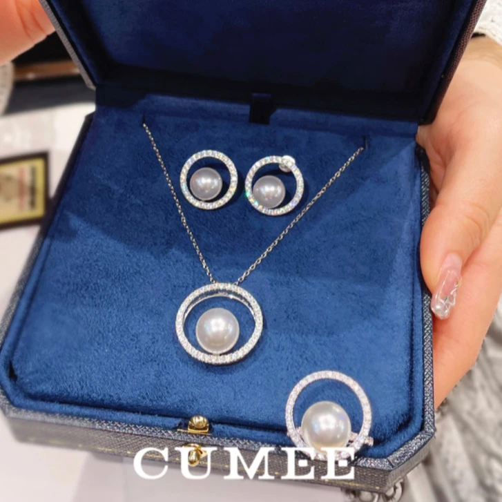 Cumee 吊坠925银 全新日韩风时尚款简约极白圆润珠光套装.银镀金