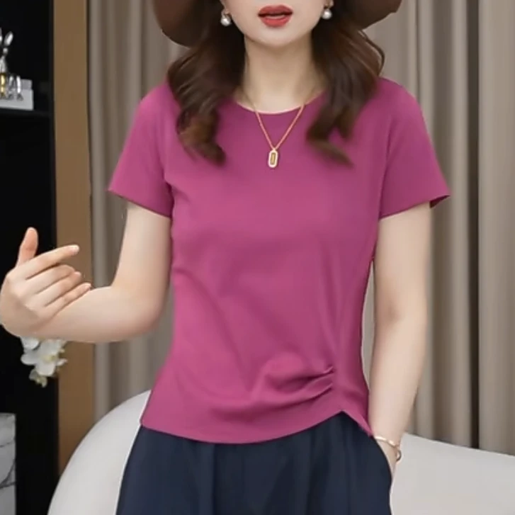 欧洲站圆领不规则下摆褶皱棉质正肩女士上衣短袖女T恤时尚新款