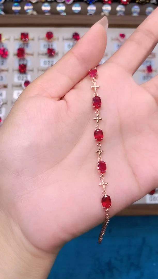 手链银S925镶嵌红宝石玫瑰金酒红