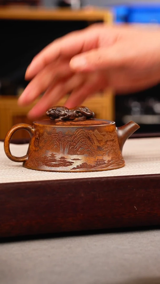 茶壶紫砂龙骨金砂 虎钮柱础 刻绘