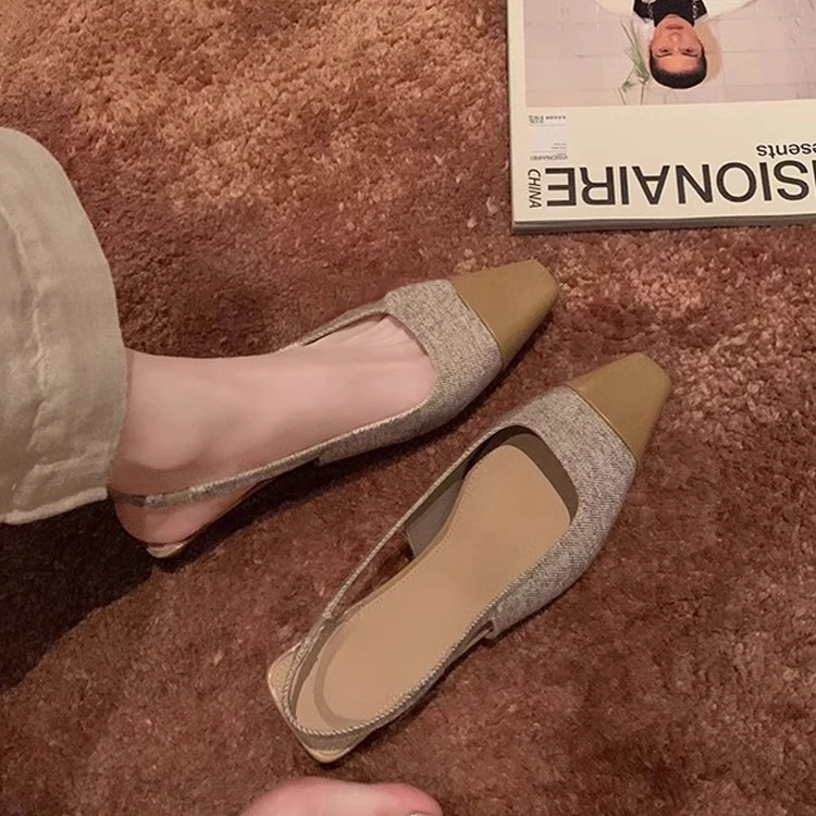 气质小方头浅口后空通勤粗跟包头凉鞋女拼接小猫跟高跟鞋细跟百搭