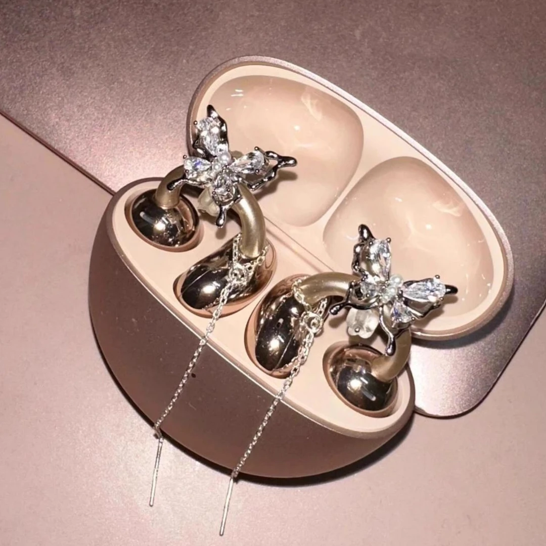 铜合金耳饰 爆闪蝴蝶皓石流苏耳机夹扣小众精致显气质高级感轻奢