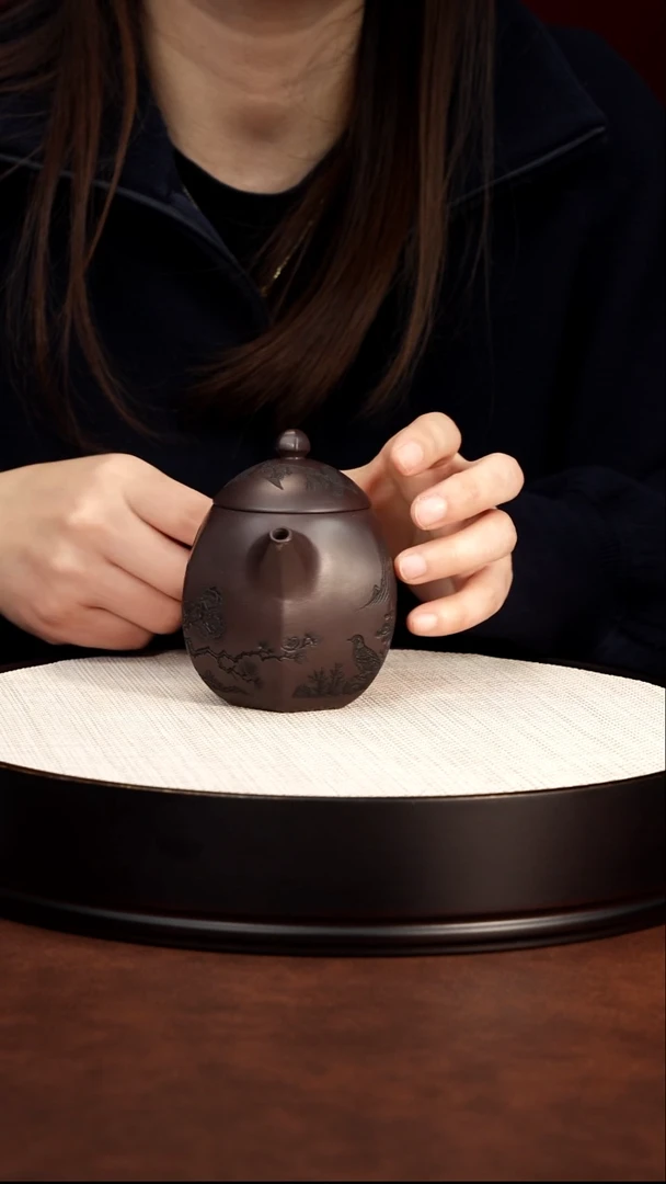 紫砂茶案宜兴紫砂 花鸟六方龙蛋 深井老紫泥 顾林芬 725