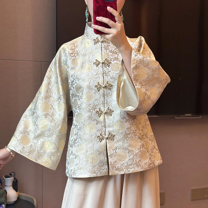 月下微凉｜八宝缠枝莲上久楷织金宋锦新中式倒大袖对襟花扣女外套