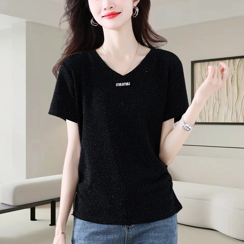 黑色V领亮片短袖t恤女2025夏季新款时尚洋气减龄宽松休闲显瘦上衣