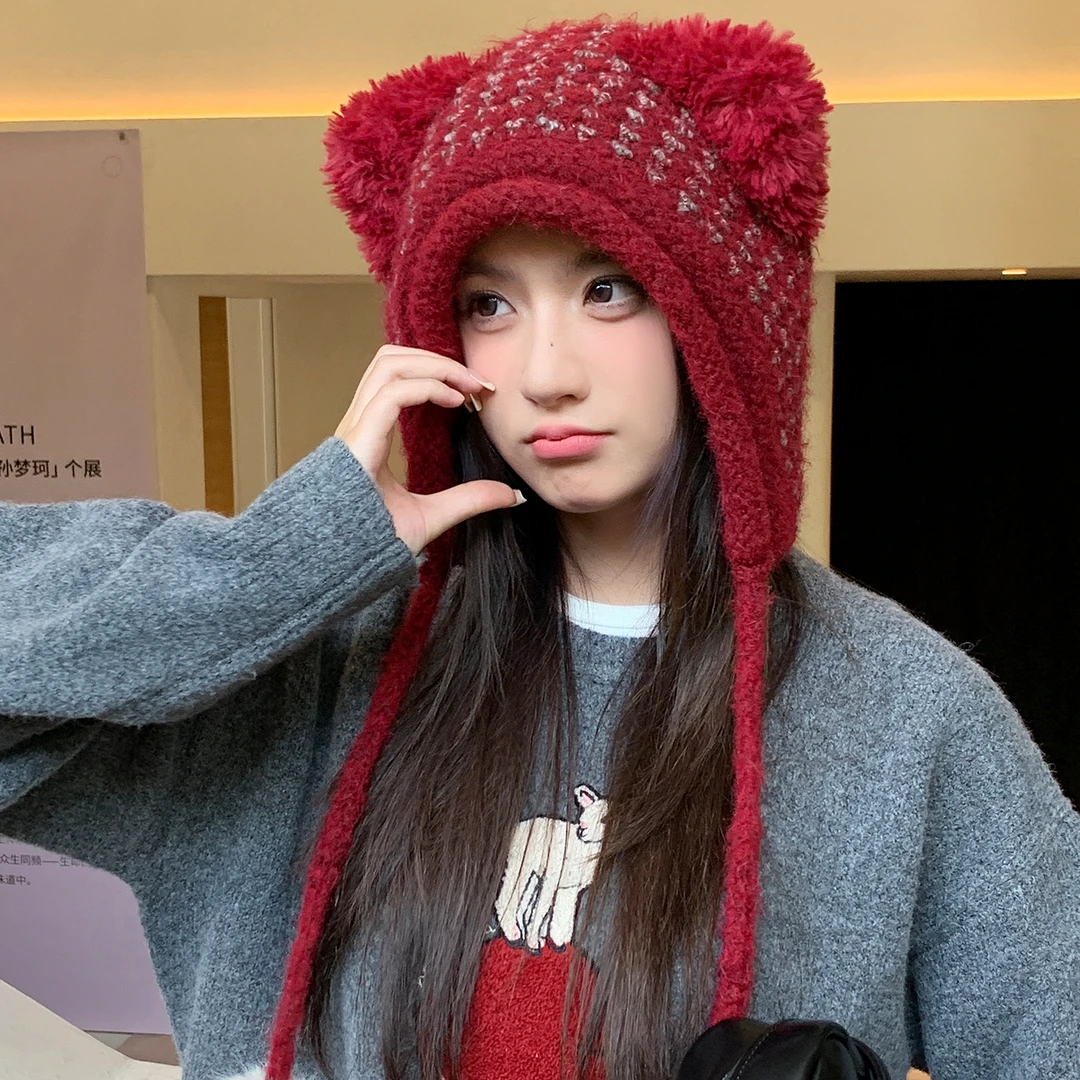 防寒毛绒针织帽子加绒女秋冬加厚显脸小护耳帽冬季时尚百搭保暖帽