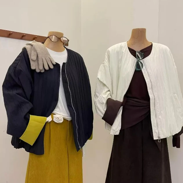 B门店4&9/9！旧约海报外套」简约坑条夹棉撞色圆领棉服上衣女M13992