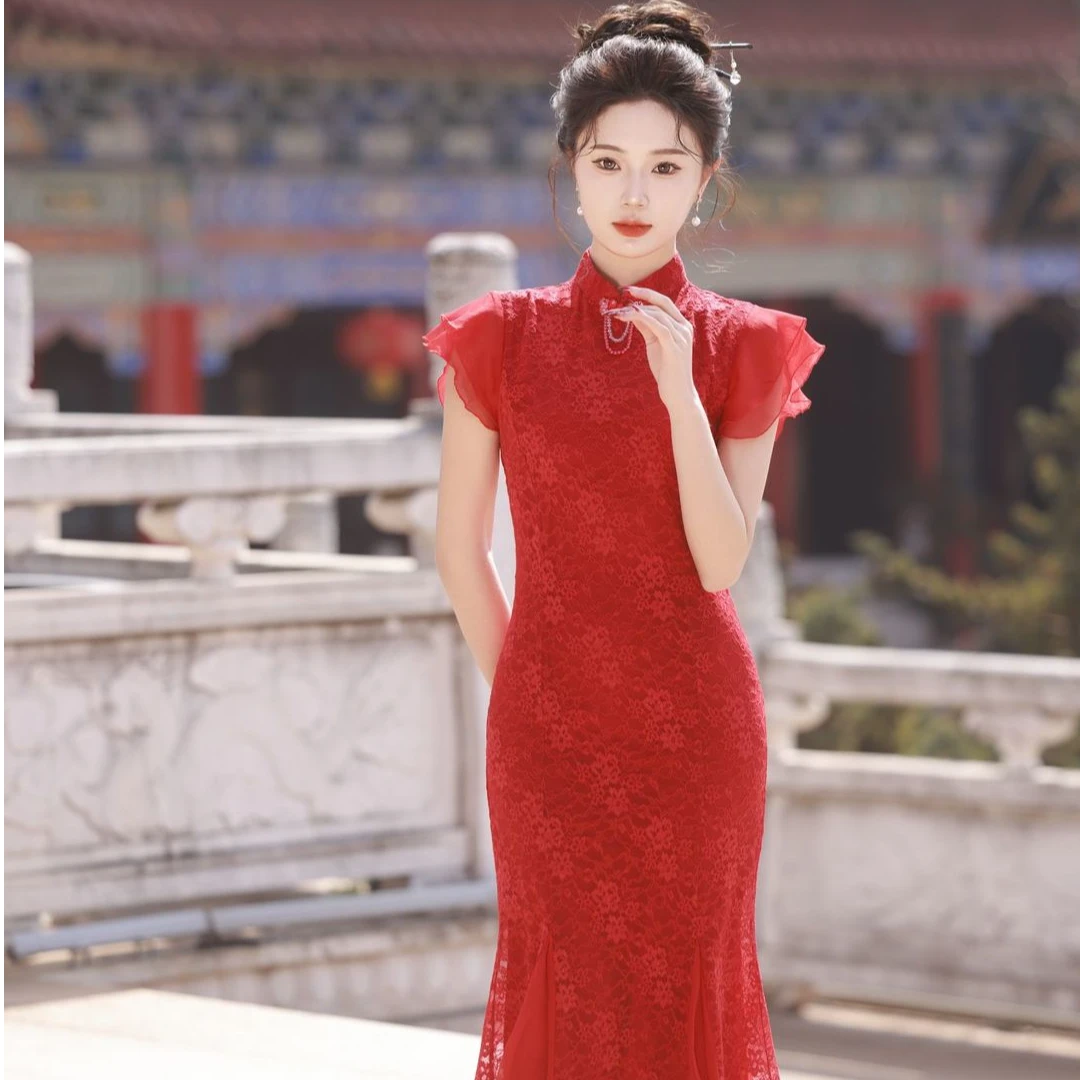 新中式气质改良款红色送考旗袍女鱼尾裙订婚连衣裙新娘敬酒服