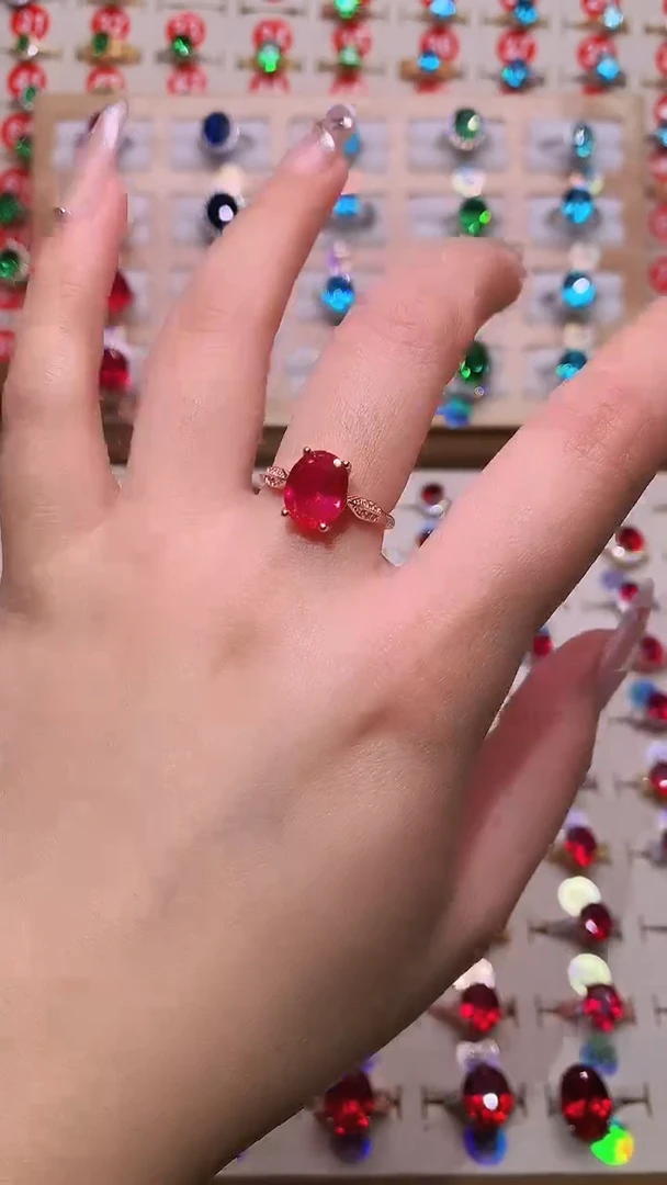 银S925镶嵌戒指红宝石8*10 玫瑰金