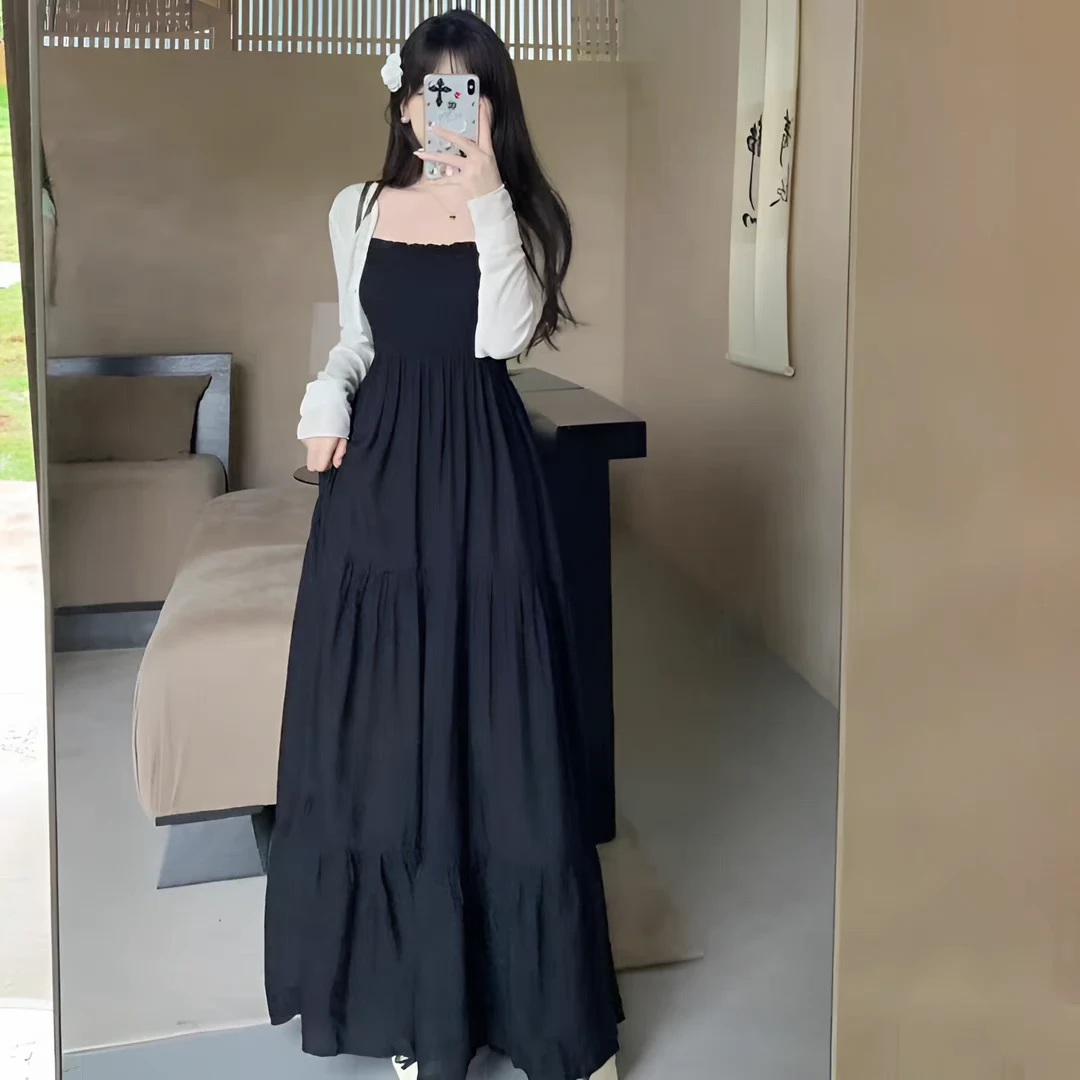 （现货）新款法式复古赫本风黑色吊带裙长袖开衫夏季防晒两件套1777