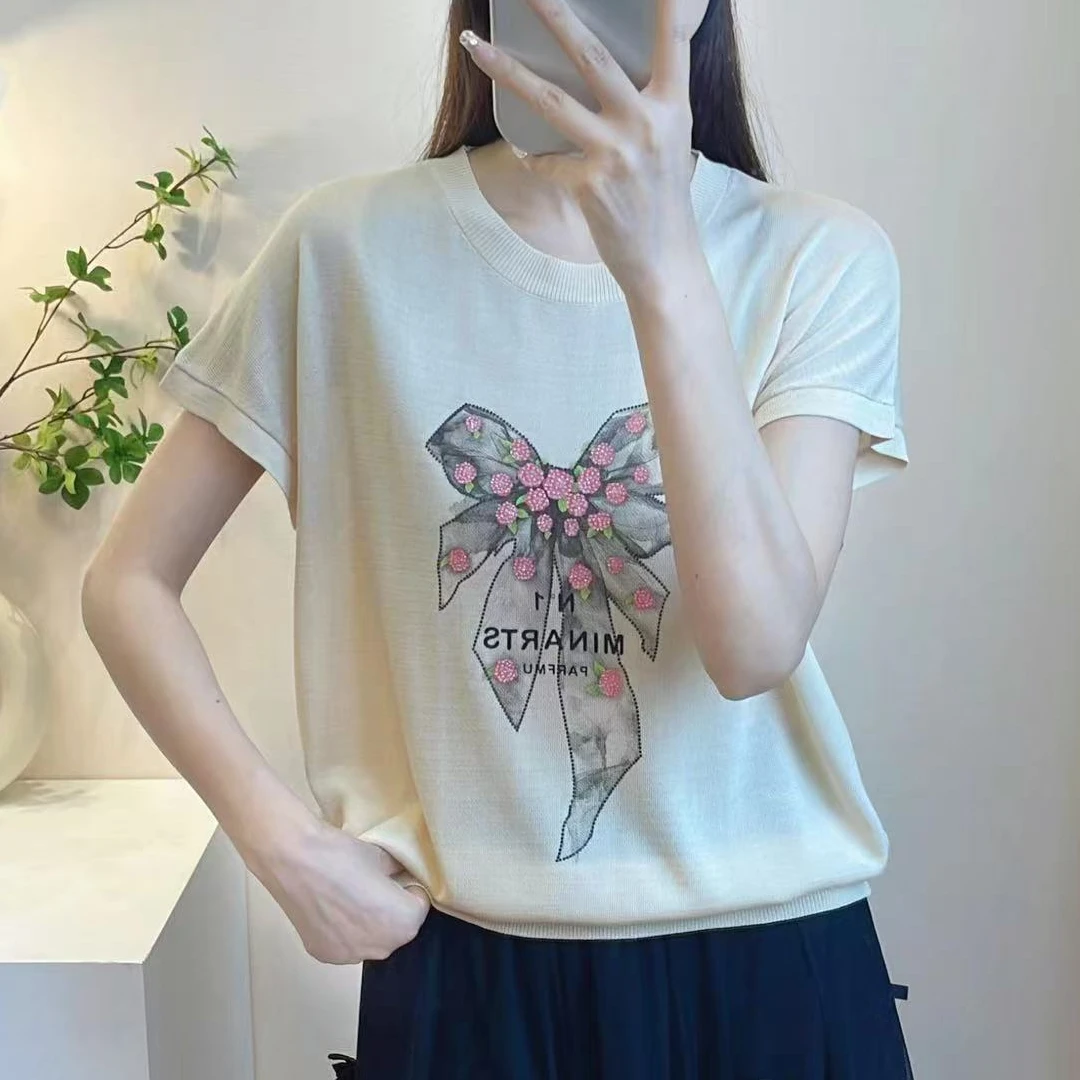 圆领蝴蝶结小花细闪针织短袖T恤女薄款减龄百搭宽松显瘦上衣夏