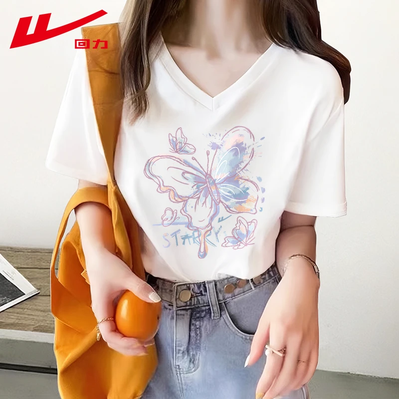 回力白色短袖v领正肩t恤女夏季2025新款纯欲显瘦韩版洋气上衣女装