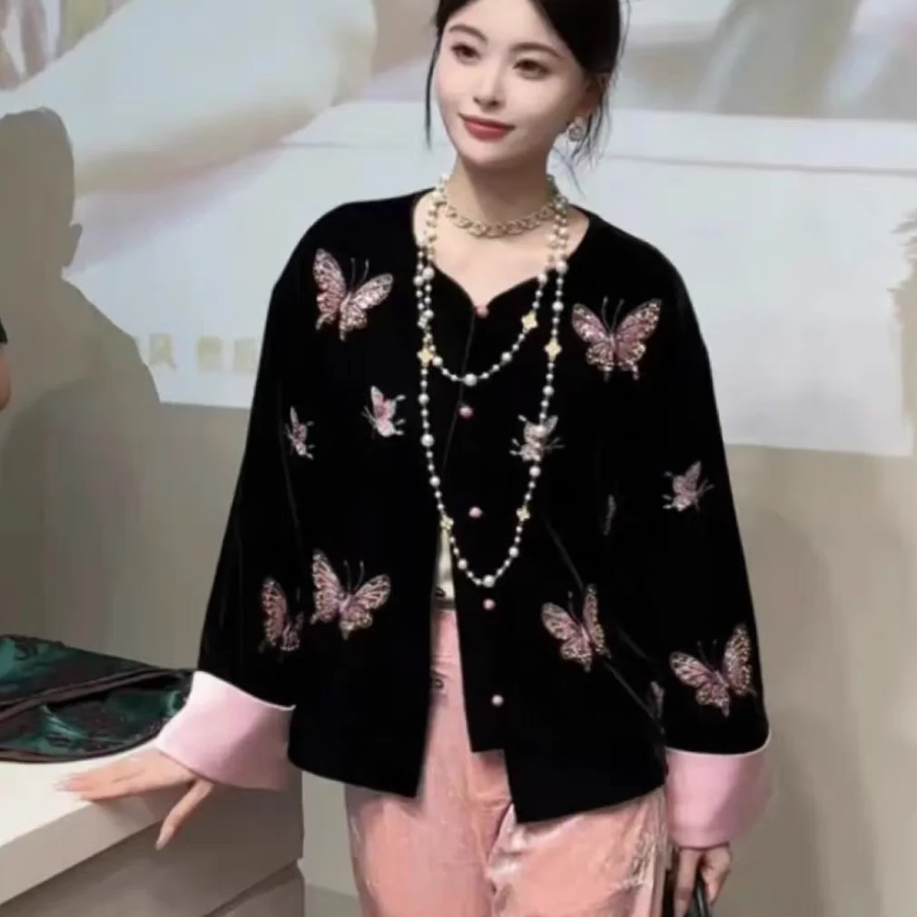 运费补贴  新中式重工刺绣金丝绒外套上衣新款蝴蝶刺绣国风短外套