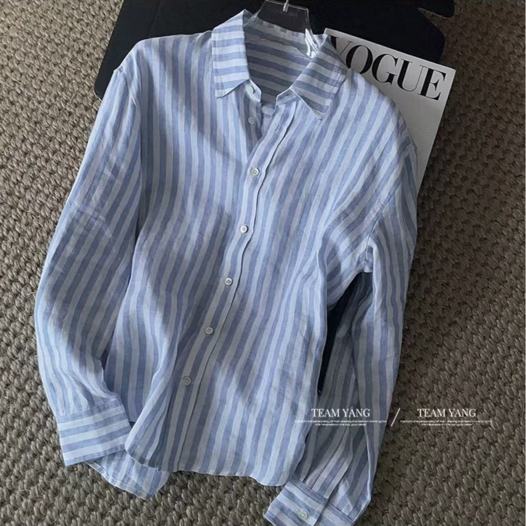 Team Yang-春夏老钱航海系度假风蓝白条纹亚麻衬衫慵懒百搭4029