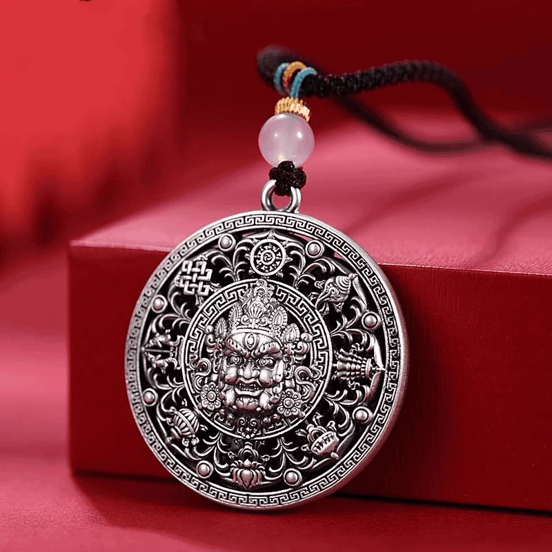 吊坠足银 纯银八宝罗盘吊坠男款复古轻奢藏式黄财神项链送男友礼