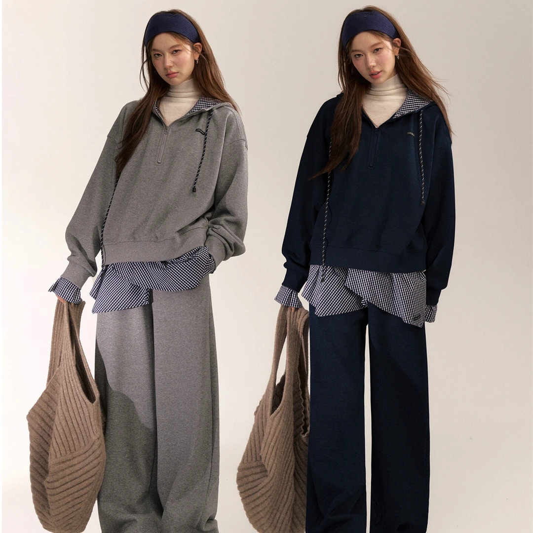 美式高街学院风假两件格纹拼接卫衣女带屁帘卫裤休闲宽松套装早秋