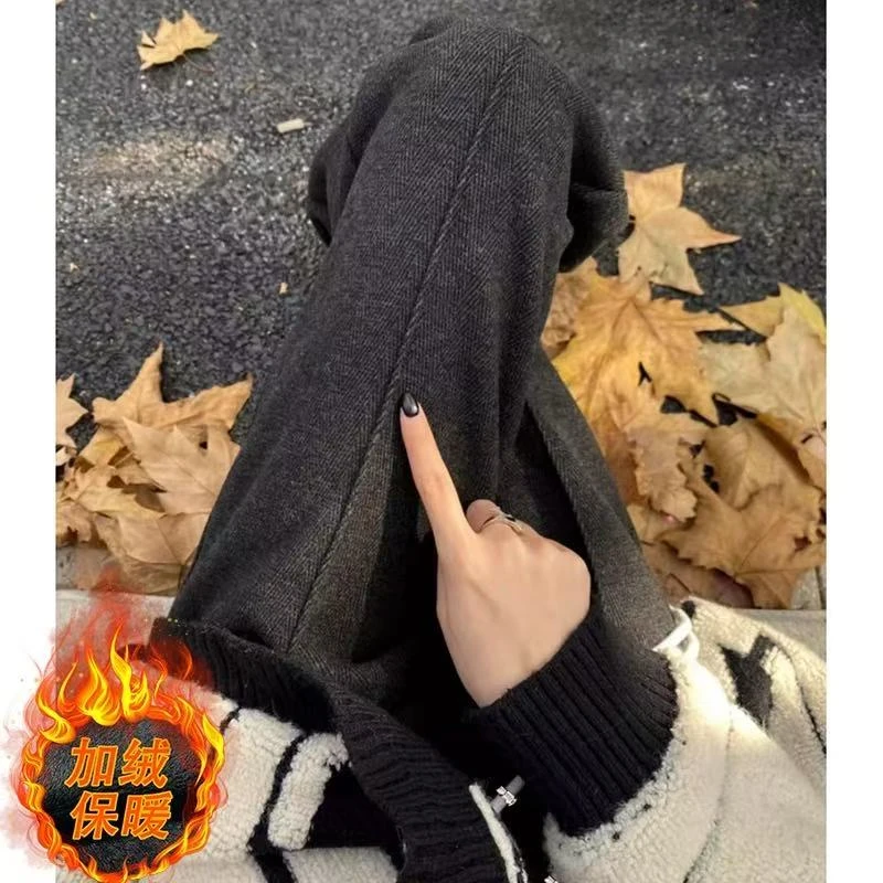 胖MM大码毛呢秋冬加绒加厚裤子女高腰垂感小个子直筒人字纹阔腿裤