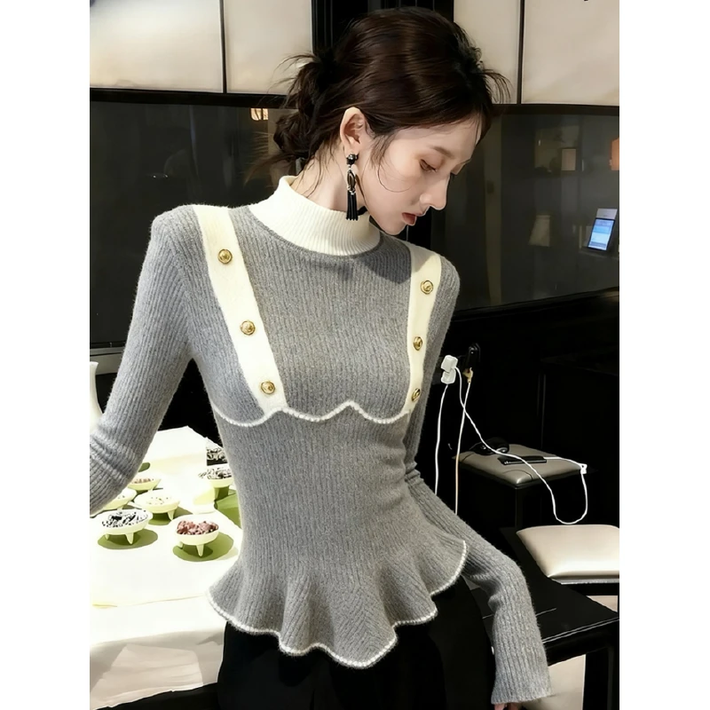 灰色拼接针织上衣秋内搭小众设计感高端减龄气质小香风荷叶边毛衣