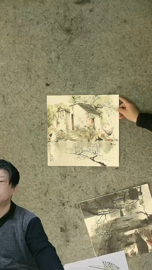 国画江南水乡  卡纸 国画  38*38cm