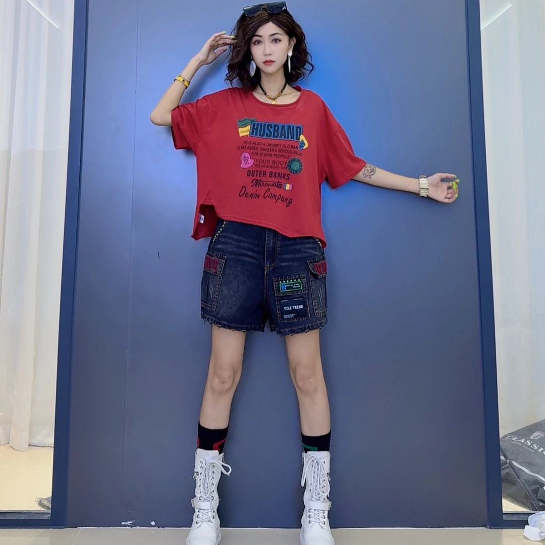 夏款圆领个性潮流印花不规则短袖-百搭网红重工街头工装牛仔短裤