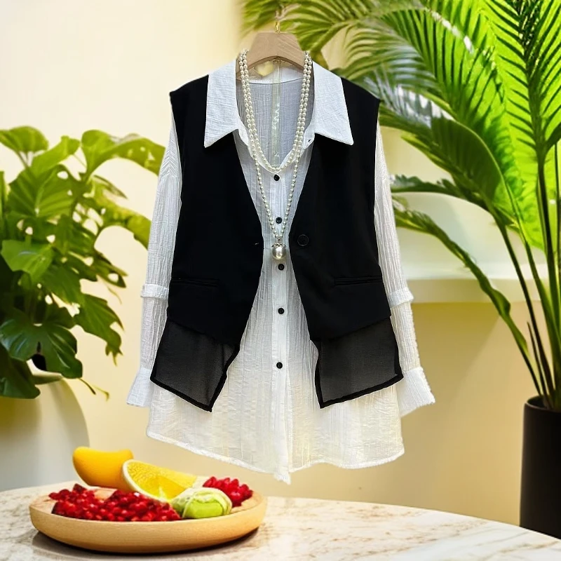 胖妹妹大码女装秋季新款时尚套装女韩版洋气马甲翻领衬衫两件套潮