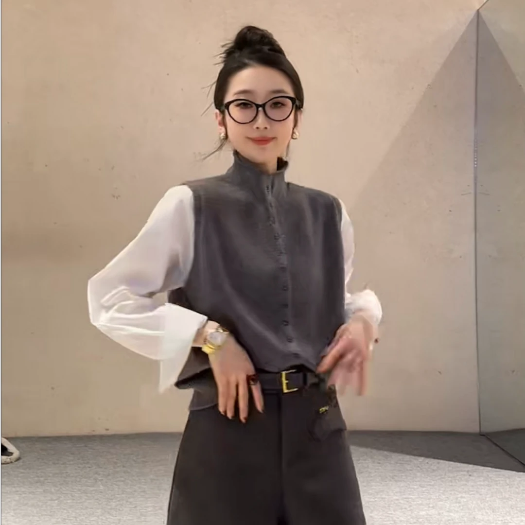 【苗姐优选】新款时尚圆领长袖针织假两件马甲衬衫55QQ