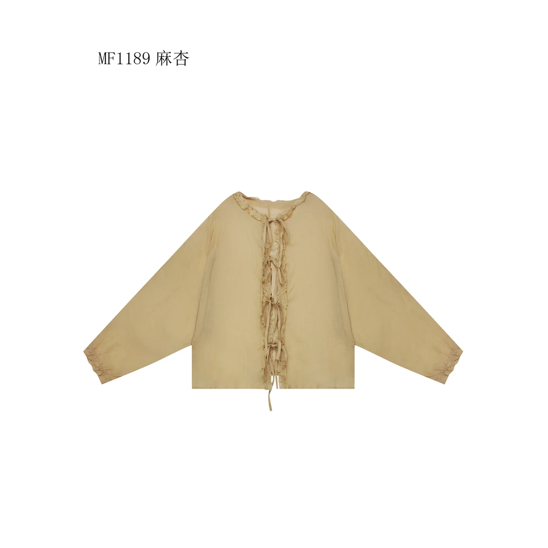 【麻訪家】MF1189麻杏文艺简约木耳边百搭长袖开衫上衣